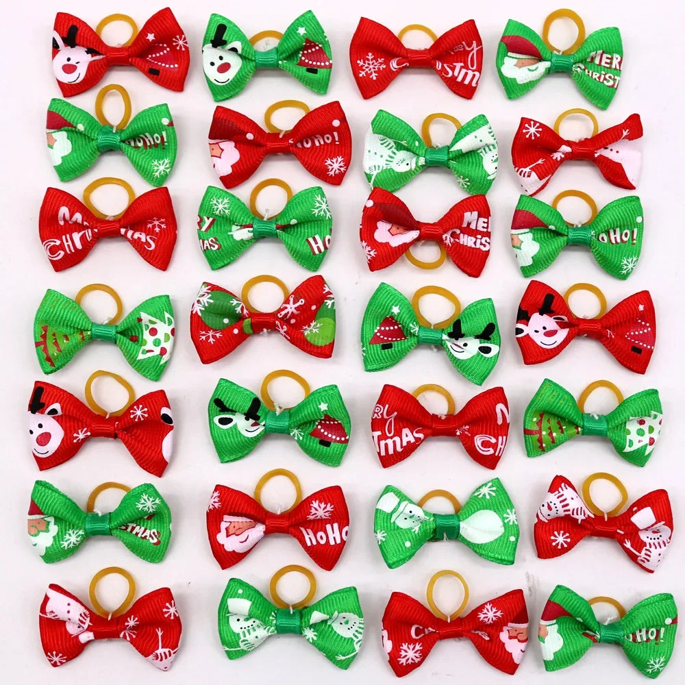20 Pcs Dog Bows Pet Dog Grooming Accessories Products Handmade Christmas Small Dog Hair Bows Rubber Band Cat Hair Clips Boutique