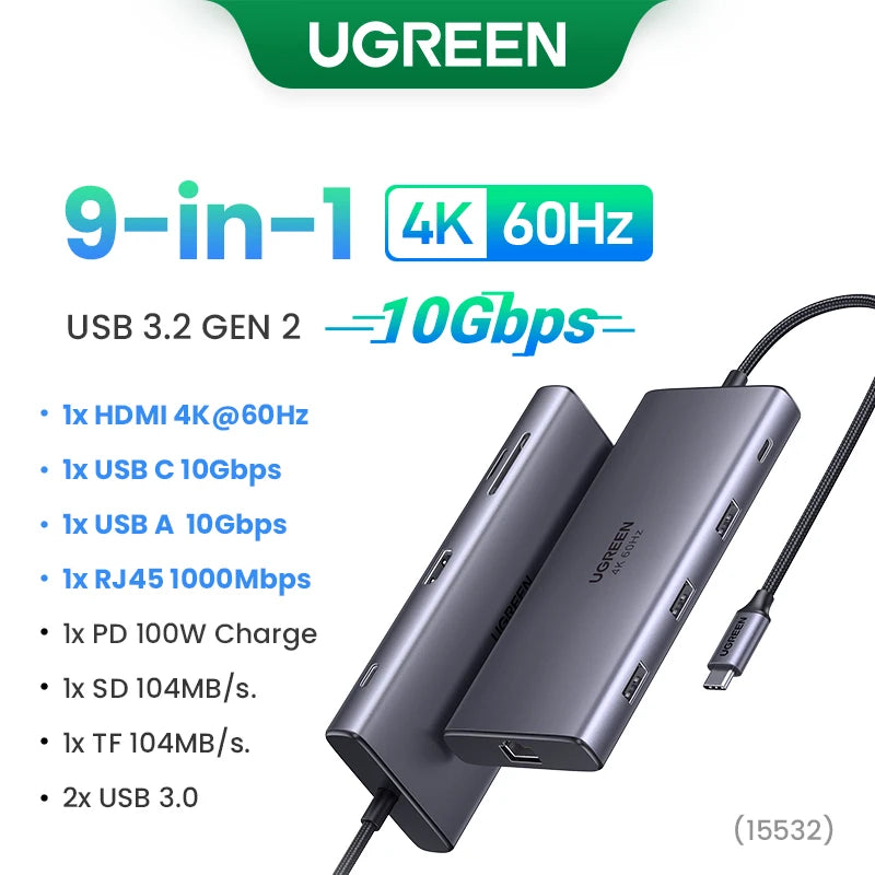 UGREEN Hub USB-C com Dual HDMI 8K/4K – Adaptador 10 em 1 com RJ45, USB 3.0, PD 100W, Dock para MacBook Pro, Air, Notebook – HUB USB