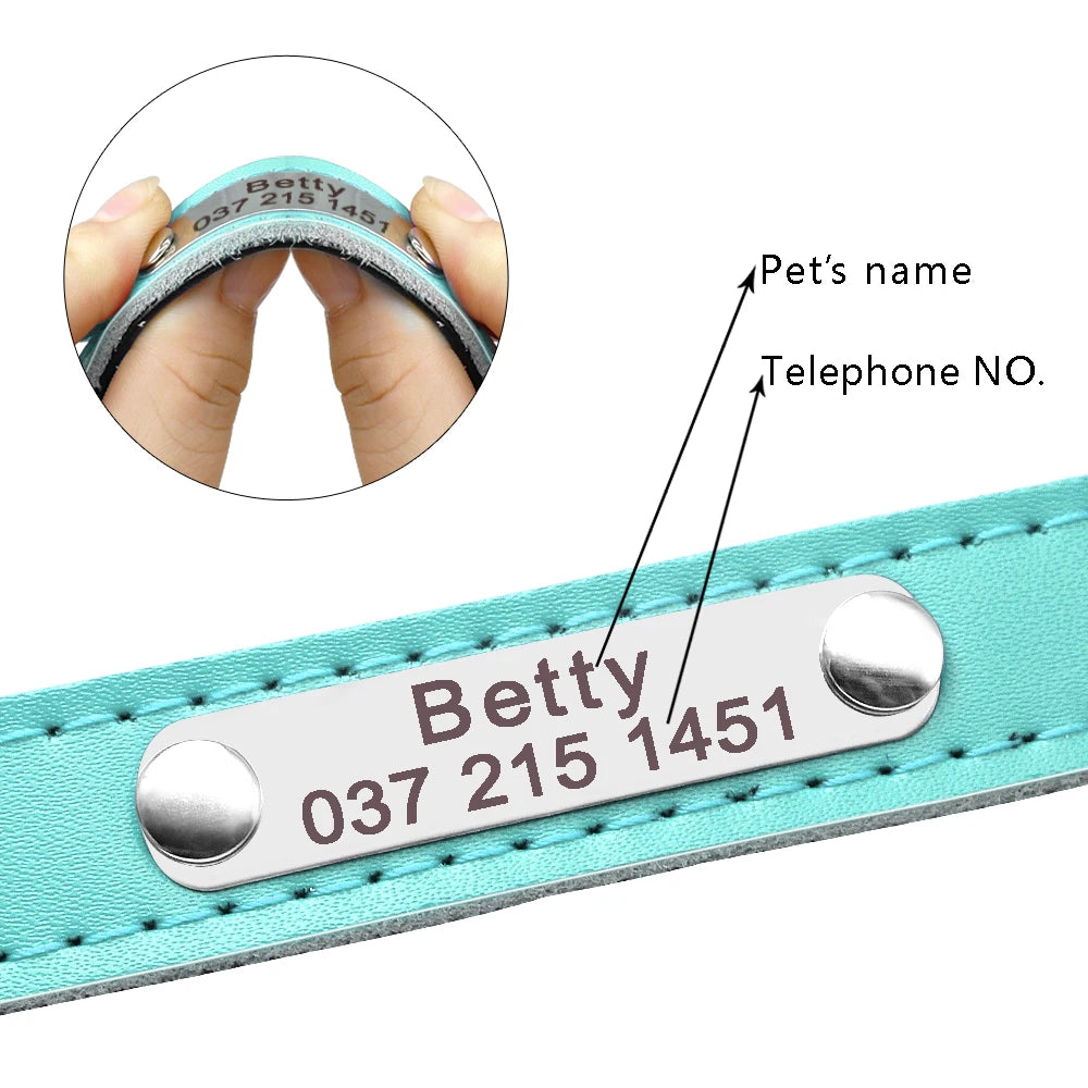 Leather Dog Collar Inner Padded Custom Personalized Dog Collars with Engraved Nameplate ID Tag For Small Medium Dogs