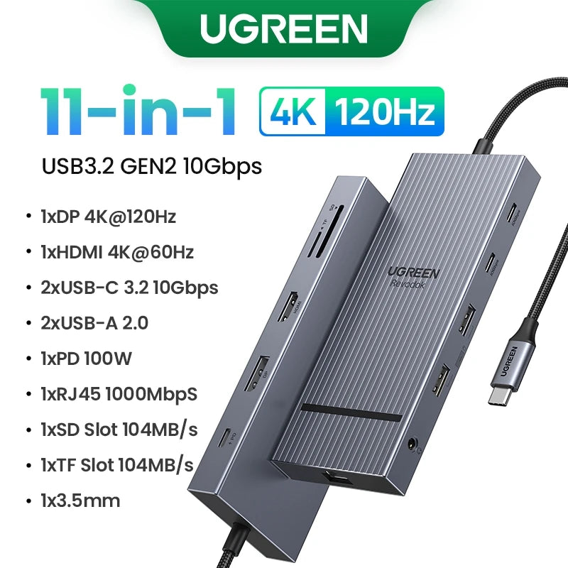 UGREEN Hub USB-C com Dual HDMI 8K/4K – Adaptador 10 em 1 com RJ45, USB 3.0, PD 100W, Dock para MacBook Pro, Air, Notebook – HUB USB