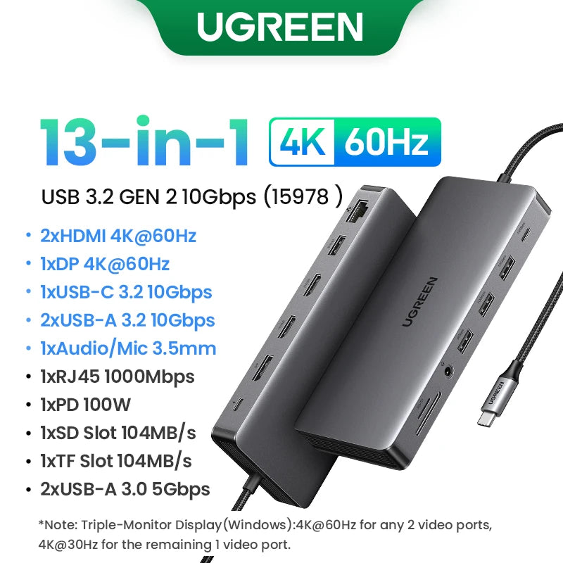 UGREEN Hub USB-C com Dual HDMI 8K/4K – Adaptador 10 em 1 com RJ45, USB 3.0, PD 100W, Dock para MacBook Pro, Air, Notebook – HUB USB