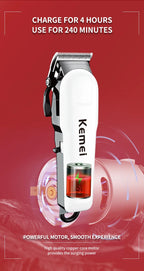Máquina de Cortar Cabelo Kemei Profissional – Bivolt, Bateria 300 Min, Lâmina Inoxidável, Uso Seco e Molhado