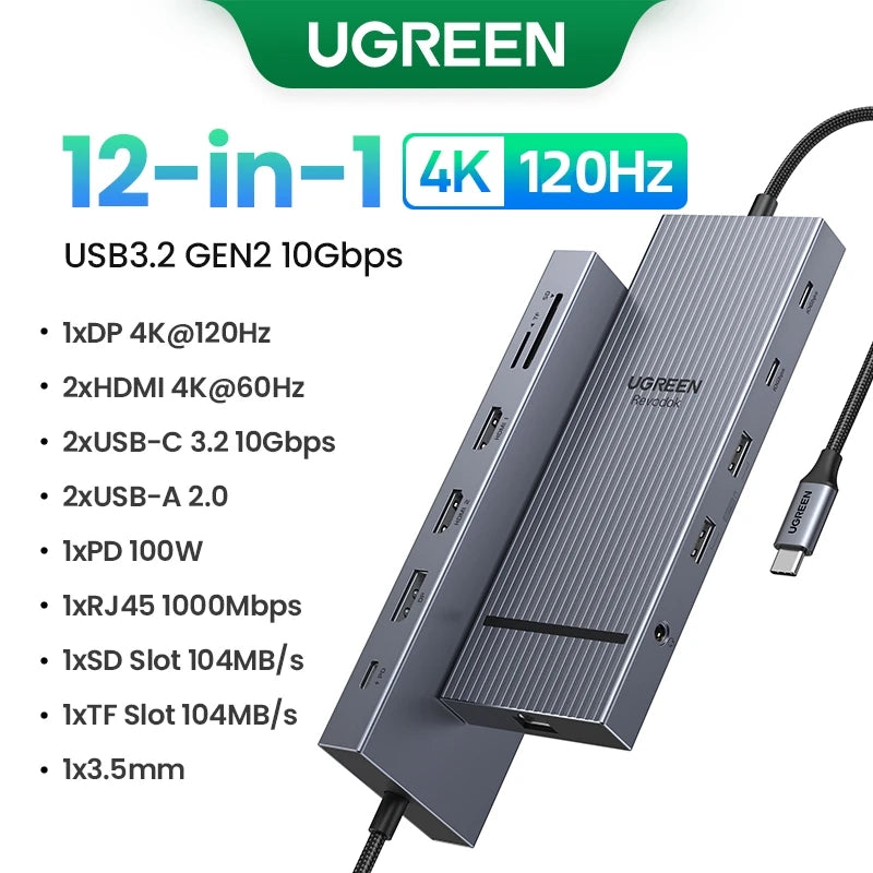 UGREEN Hub USB-C com Dual HDMI 8K/4K – Adaptador 10 em 1 com RJ45, USB 3.0, PD 100W, Dock para MacBook Pro, Air, Notebook – HUB USB