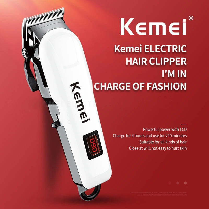 Máquina de Cortar Cabelo Kemei Profissional – Bivolt, Bateria 300 Min, Lâmina Inoxidável, Uso Seco e Molhado