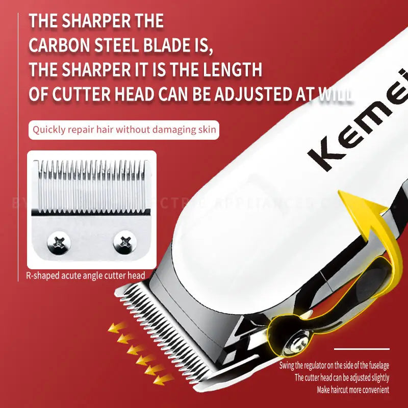 Máquina de Cortar Cabelo Kemei Profissional – Bivolt, Bateria 300 Min, Lâmina Inoxidável, Uso Seco e Molhado