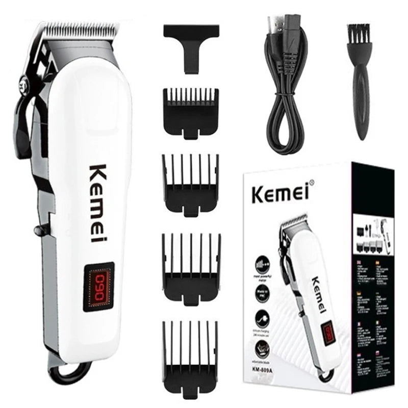 Máquina de Cortar Cabelo Kemei Profissional – Bivolt, Bateria 300 Min, Lâmina Inoxidável, Uso Seco e Molhado