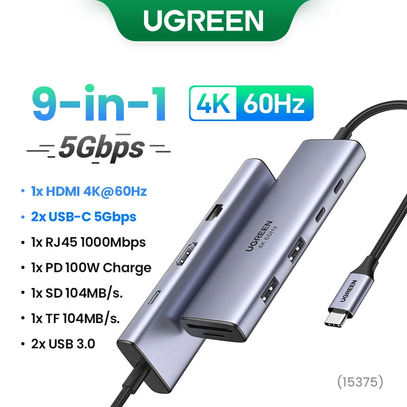UGREEN Hub USB-C com Dual HDMI 8K/4K – Adaptador 10 em 1 com RJ45, USB 3.0, PD 100W, Dock para MacBook Pro, Air, Notebook – HUB USB