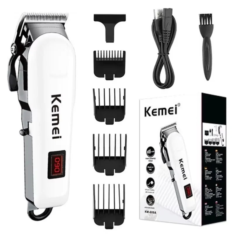 Máquina de Cortar Cabelo Kemei Profissional – Bivolt, Bateria 300 Min, Lâmina Inoxidável, Uso Seco e Molhado