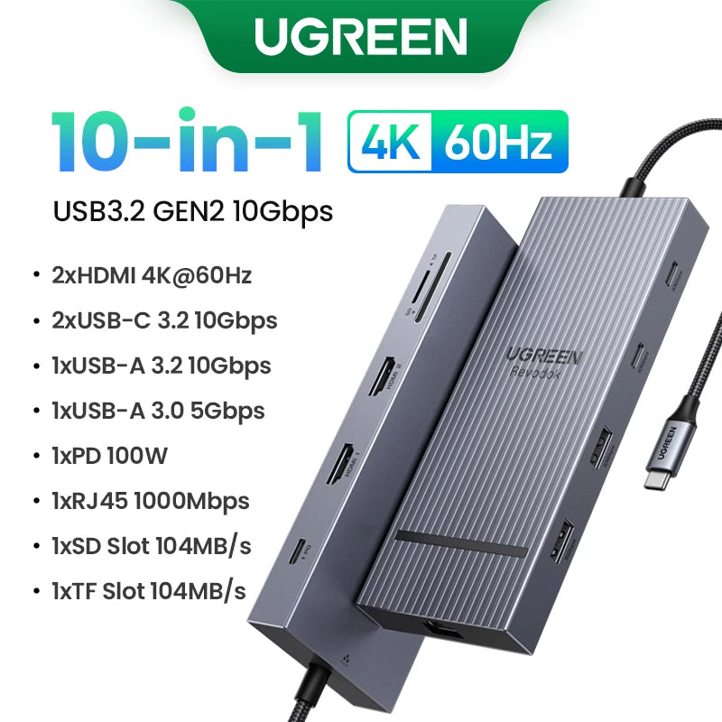 UGREEN Hub USB-C com Dual HDMI 8K/4K – Adaptador 10 em 1 com RJ45, USB 3.0, PD 100W, Dock para MacBook Pro, Air, Notebook – HUB USB