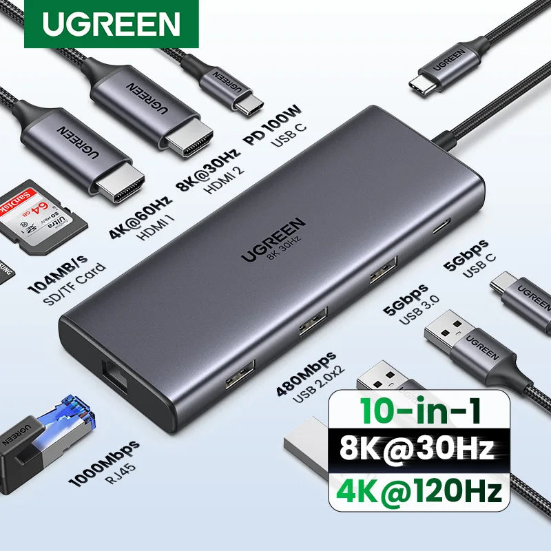 UGREEN Hub USB-C com Dual HDMI 8K/4K – Adaptador 10 em 1 com RJ45, USB 3.0, PD 100W, Dock para MacBook Pro, Air, Notebook – HUB USB