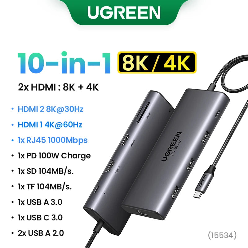UGREEN Hub USB-C com Dual HDMI 8K/4K – Adaptador 10 em 1 com RJ45, USB 3.0, PD 100W, Dock para MacBook Pro, Air, Notebook – HUB USB