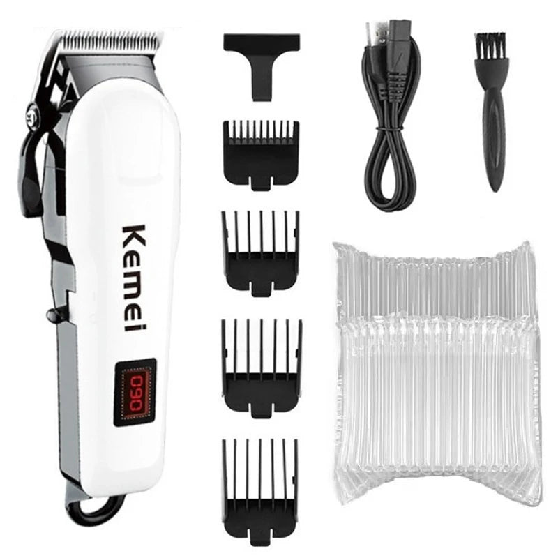 Máquina de Cortar Cabelo Kemei Profissional – Bivolt, Bateria 300 Min, Lâmina Inoxidável, Uso Seco e Molhado