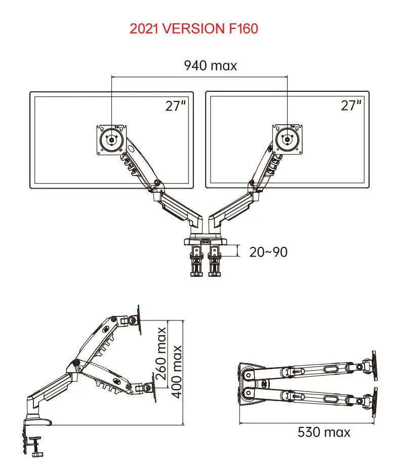 NB NEW F160 gas spring 17"-27"30" Dual Monitor Holder Arm desktop 360 rotate computer holder 2-9KG Monitor bracket USB3.0 port